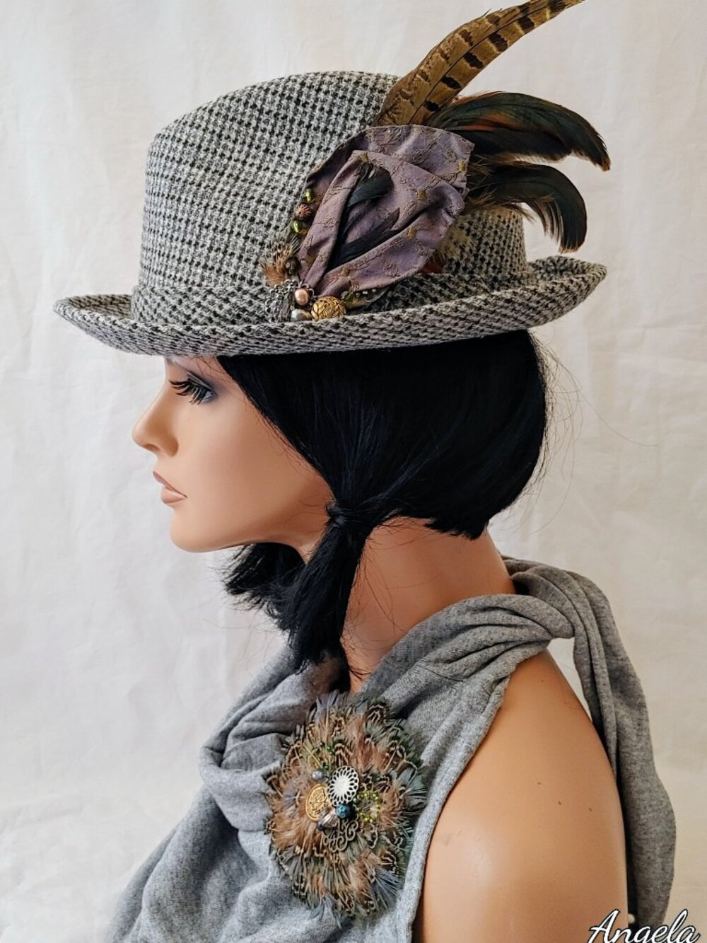 Unique Vintage Tweed Fedora / Trilby Hat Set with 2 Handmade Feather Brooches